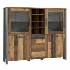 MEUBLETMOI Buffet Vitré 5 Portes 18 Niches Effet Bois Vieilli / Béton Gris - BUCK - Bois