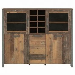 MEUBLETMOI Buffet Vitré 5 Portes 18 Niches Effet Bois Vieilli / Béton Gris - BUCK - Bois -Buffet et enfilade Soldes 36960889 3