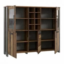 MEUBLETMOI Buffet Vitré 5 Portes 18 Niches Effet Bois Vieilli / Béton Gris - BUCK - Bois -Buffet et enfilade Soldes 36960889 4