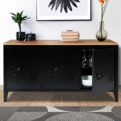 IDMARKET Buffet Bas 3 Portes ESTER En Métal Noir Et Plateau Bois - Noir