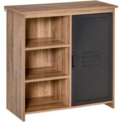 HOMCOM Buffet Design Industriel - Meuble De Rangement 3 Niches Placard - Panneaux Particules Aspect Bois Veinage Porte Métal Noir - Marron