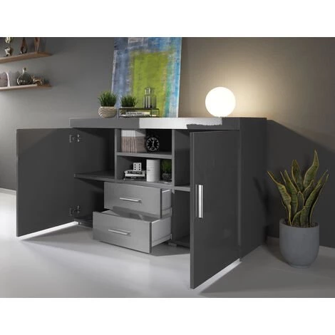 DESIGN AMEUBLEMENT Buffet Bahut 2 Portes 2 Tiroirs | 140 X 80 X 40 Cm | Couleur Gris Finition Brillante | Meuble De Rangement | Modèle ROQUE - Gris 5 DESIGN AMEUBLEMENT Buffet Bahut 2 Portes 2 Tiroirs | 140 X 80 X 40 Cm | Couleur Gris Finition Brillante | Meuble De Rangement | Modèle ROQUE - Gris – Image 5