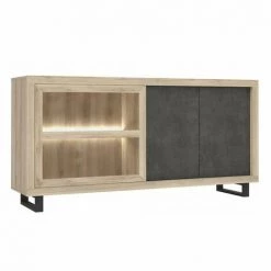 MEUBLETMOI Buffet / Vitrine Finition Chêne Et Béton Gris éclairage LED - MILENA - Bois