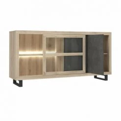 MEUBLETMOI Buffet / Vitrine Finition Chêne Et Béton Gris éclairage LED - MILENA - Bois -Buffet et enfilade Soldes 38149471 3