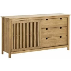ALTOBUY MALIA - Buffet Bas 3 Tiroirs 1 Porte Coul. Bois Ciré - Naturel