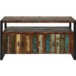 ALTOBUY KALI - Buffet 4 Portes Bois Recyclé Et Métal Noir - Marron Foncé