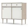 CAESAROO Buffet Salon 99x40 Cm Blanc Mat Et Chêne Clair Avec Deux Portes Coulissantes Et Deux Tiroirs | Chêne Et Blanc
