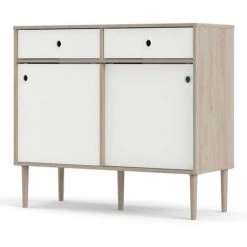CAESAROO Buffet Salon 99x40 Cm Blanc Mat Et Chêne Clair Avec Deux Portes Coulissantes Et Deux Tiroirs | Chêne Et Blanc