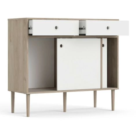 CAESAROO Buffet Salon 99x40 Cm Blanc Mat Et Chêne Clair Avec Deux Portes Coulissantes Et Deux Tiroirs | Chêne Et Blanc 2 CAESAROO Buffet Salon 99x40 Cm Blanc Mat Et Chêne Clair Avec Deux Portes Coulissantes Et Deux Tiroirs | Chêne Et Blanc – Image 2