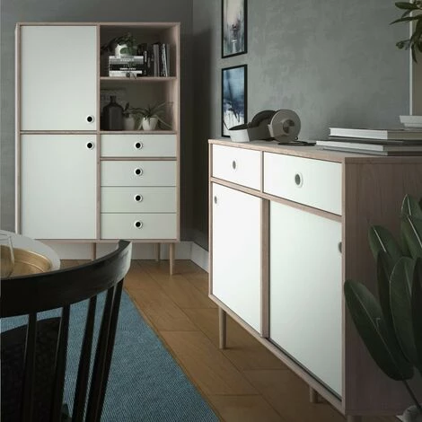 CAESAROO Buffet Salon 99x40 Cm Blanc Mat Et Chêne Clair Avec Deux Portes Coulissantes Et Deux Tiroirs | Chêne Et Blanc 4 CAESAROO Buffet Salon 99x40 Cm Blanc Mat Et Chêne Clair Avec Deux Portes Coulissantes Et Deux Tiroirs | Chêne Et Blanc – Image 4