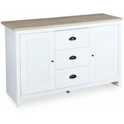 ALICE'S GARDEN Buffet De Rangement Blanc - Cottage - Avec 3 Tiroirs, 2 Portes, 119x39.5x77 Cm - Blanc Et Naturel