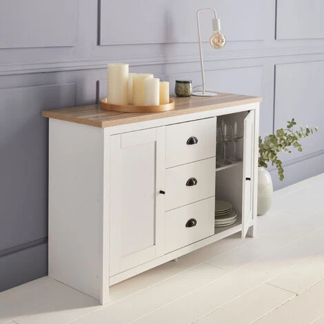 ALICE'S GARDEN Buffet De Rangement Blanc - Cottage - Avec 3 Tiroirs, 2 Portes, 119x39.5x77 Cm - Blanc Et Naturel 2 ALICE'S GARDEN Buffet De Rangement Blanc - Cottage - Avec 3 Tiroirs, 2 Portes, 119x39.5x77 Cm - Blanc Et Naturel – Image 2