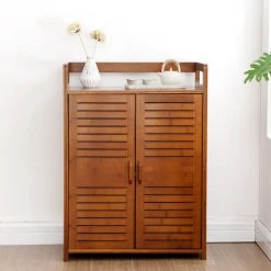 FREOSEN Buffet De Cuisine Bamboo 82 X 32 X 59.5cm, Meuble De Rangement Avec Placard 2 Portes Salle De Bain Armoire Style Nordique