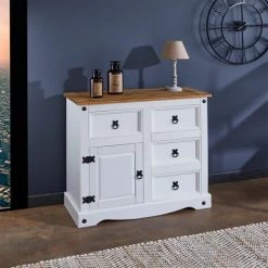 IDIMEX Buffet CAMPO Commode Bahut Vaisselier En Pin Massif Blanc/brun Avec 4 Tiroirs Et 1 Porte, Meuble De Rangement Style Mexicain En Bois - Blanc/Brun -Buffet et enfilade Soldes 39496582 2