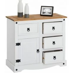 IDIMEX Buffet CAMPO Commode Bahut Vaisselier En Pin Massif Blanc/brun Avec 4 Tiroirs Et 1 Porte, Meuble De Rangement Style Mexicain En Bois - Blanc/Brun -Buffet et enfilade Soldes 39496582 4