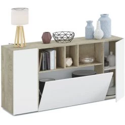 PEGANE Buffet Meuble De Rangement Avec 3 Portes Coloris Chêne Alaska / Blanc Artic - Longueur 150 X Hauteur 76 X Profondeur 41 Cm