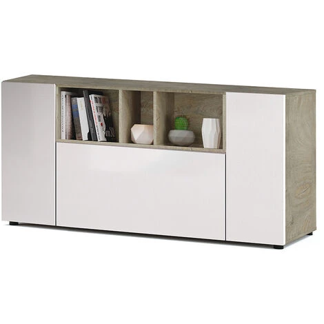 PEGANE Buffet Meuble De Rangement Avec 3 Portes Coloris Chêne Alaska / Blanc Artic - Longueur 150 X Hauteur 76 X Profondeur 41 Cm 2 PEGANE Buffet Meuble De Rangement Avec 3 Portes Coloris Chêne Alaska / Blanc Artic - Longueur 150 X Hauteur 76 X Profondeur 41 Cm – Image 2