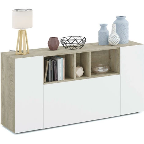 PEGANE Buffet Meuble De Rangement Avec 3 Portes Coloris Chêne Alaska / Blanc Artic - Longueur 150 X Hauteur 76 X Profondeur 41 Cm 3 PEGANE Buffet Meuble De Rangement Avec 3 Portes Coloris Chêne Alaska / Blanc Artic - Longueur 150 X Hauteur 76 X Profondeur 41 Cm – Image 3