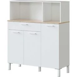 PEGANE Buffet Meuble Cuisine 3 Portes + Tiroir Coloris Blanc Artic / Chêne Canadien - Hauteur 126 Cm X Longueur 108 Cm X Profondeur 40 Cm