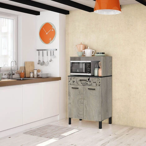 PEGANE Buffet Meuble De Rangement De Cuisine Coloris Gris Anthracite/chêne à Nœuds Avec Impression Digitale -H126 X L72 X P40cm 3 PEGANE Buffet Meuble De Rangement De Cuisine Coloris Gris Anthracite/chêne à Nœuds Avec Impression Digitale -H126 X L72 X P40cm – Image 3