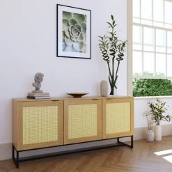 DECO IN PARIS Buffet Enfilade Scandinave 3 Portes En Bois Métal Et Cannage TULLIO - Bois Clair