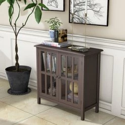 DéCOSHOP26 Buffet Bahut Avec Porte Un Verre Trempé 80x35x78 Cm En Bois De Pin Marron - Marron -Buffet et enfilade Soldes 40148937 3