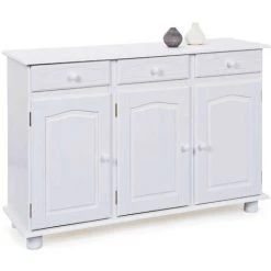 LES TENDANCES Buffet 3 Portes 3 Tiroirs Pin Massif Vernis Blanc Brito 130 Cm