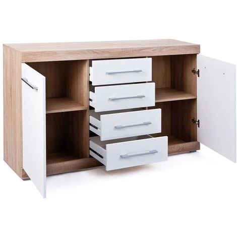 LES TENDANCES Buffet 2 Portes 4 Tiroirs Bois Chêne Clair Et Blanc Babou 155 Cm 2 LES TENDANCES Buffet 2 Portes 4 Tiroirs Bois Chêne Clair Et Blanc Babou 155 Cm – Image 2