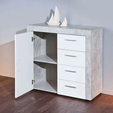 LES TENDANCES Commode 1 Porte 4 Tiroirs Bois Blanc Et Effet Béton Bonnie 2 LES TENDANCES Commode 1 Porte 4 Tiroirs Bois Blanc Et Effet Béton Bonnie – Image 2