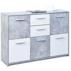 LES TENDANCES Commode 5 Portes 2 Tiroirs Mélaminé Blanc Et Effet Béton Flav -Buffet et enfilade Soldes 40642486 3