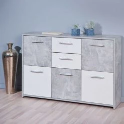 LES TENDANCES Commode 5 Portes 2 Tiroirs Mélaminé Blanc Et Effet Béton Flav -Buffet et enfilade Soldes 40642486 4
