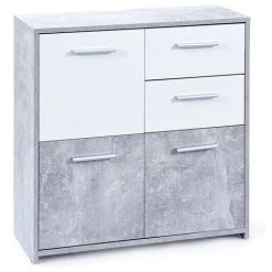 LES TENDANCES Commode 3 Portes 2 Tiroirs Mélaminé Blanc Et Effet Béton Flav