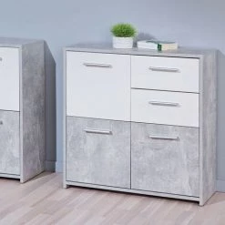 LES TENDANCES Commode 3 Portes 2 Tiroirs Mélaminé Blanc Et Effet Béton Flav -Buffet et enfilade Soldes 40643814 3
