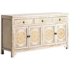 LES TENDANCES Buffet Oriental 4 Portes 3 Tiroirs Orme Massif Blanc Et Doré Muy