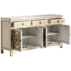 LES TENDANCES Buffet Oriental 4 Portes 3 Tiroirs Orme Massif Blanc Et Doré Muy -Buffet et enfilade Soldes 40647516 3