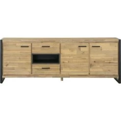 LES TENDANCES Buffet 3 Portes 2 Tiroirs Bois Massif Acacia Et Pieds Acier Noir Zayane 192 Cm
