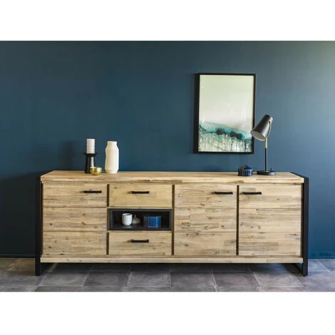 LES TENDANCES Buffet 3 Portes 2 Tiroirs Bois Massif Acacia Et Pieds Acier Noir Zayane 192 Cm 2 LES TENDANCES Buffet 3 Portes 2 Tiroirs Bois Massif Acacia Et Pieds Acier Noir Zayane 192 Cm – Image 2