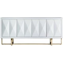 LES TENDANCES Buffet Design 4 Portes Verre Blanc Et Acier Doré Kize 180 Cm