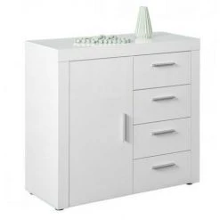 LES TENDANCES Commode 1 Porte 4 Tiroirs Blanc Brillant Berco 94 Cm