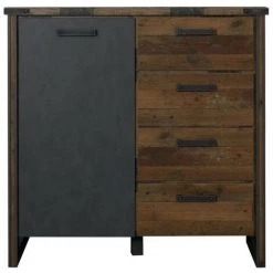 LES TENDANCES Commode Vintage 1 Porte 4 Tiroirs Vieux Bois Usé Et Gris Avec Rivets