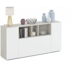 Buffet Meuble De Rangement Avec 3 Portes Coloris Béton / Blanc Artic - Longueur 150 X Hauteur 76 X Profondeur 41 Cm -PEGANE-