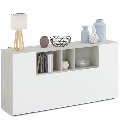 Buffet Meuble De Rangement Avec 3 Portes Coloris Béton / Blanc Artic - Longueur 150 X Hauteur 76 X Profondeur 41 Cm -PEGANE- 1 Buffet Meuble De Rangement Avec 3 Portes Coloris Béton / Blanc Artic - Longueur 150 X Hauteur 76 X Profondeur 41 Cm -PEGANE-