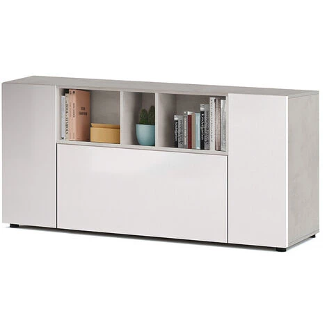 Buffet Meuble De Rangement Avec 3 Portes Coloris Béton / Blanc Artic - Longueur 150 X Hauteur 76 X Profondeur 41 Cm -PEGANE- 2 Buffet Meuble De Rangement Avec 3 Portes Coloris Béton / Blanc Artic - Longueur 150 X Hauteur 76 X Profondeur 41 Cm -PEGANE- – Image 2