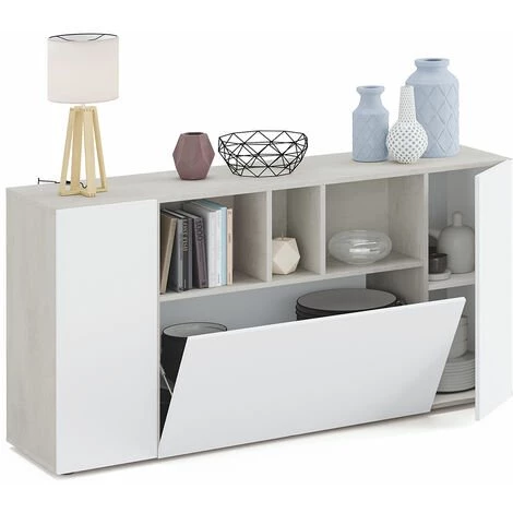 Buffet Meuble De Rangement Avec 3 Portes Coloris Béton / Blanc Artic - Longueur 150 X Hauteur 76 X Profondeur 41 Cm -PEGANE- 3 Buffet Meuble De Rangement Avec 3 Portes Coloris Béton / Blanc Artic - Longueur 150 X Hauteur 76 X Profondeur 41 Cm -PEGANE- – Image 3