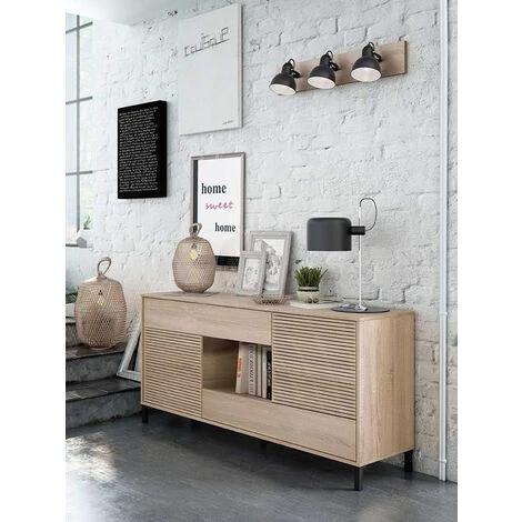 Buffet Avec 2 Portes Et 2 Tiroirs Coloris Chêne Canadien / Impression Digitale - Hauteur 80 X Longueur 151 X Profondeur 41 Cm -PEGANE- 2 Buffet Avec 2 Portes Et 2 Tiroirs Coloris Chêne Canadien / Impression Digitale - Hauteur 80 X Longueur 151 X Profondeur 41 Cm -PEGANE- – Image 2