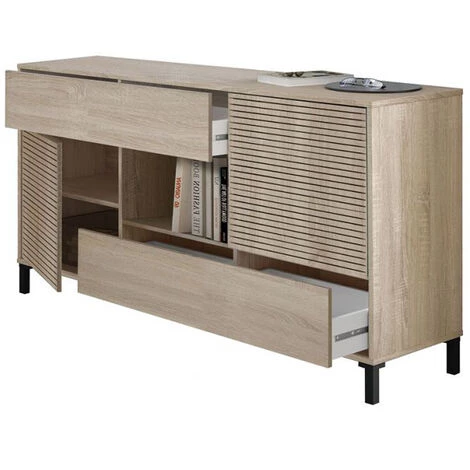 Buffet Avec 2 Portes Et 2 Tiroirs Coloris Chêne Canadien / Impression Digitale - Hauteur 80 X Longueur 151 X Profondeur 41 Cm -PEGANE- 3 Buffet Avec 2 Portes Et 2 Tiroirs Coloris Chêne Canadien / Impression Digitale - Hauteur 80 X Longueur 151 X Profondeur 41 Cm -PEGANE- – Image 3