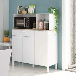 Buffet Meuble Cuisine 3 Portes + Tiroir Coloris Blanc Artic / Chêne Canadien - Hauteur 126 Cm X Longueur 108 Cm X Profondeur 40 Cm -PEGANE- -Buffet et enfilade Soldes 40745013 3