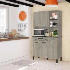 Buffet Meuble Cuisine Coloris Chêne Canadien/gris Anthracite Avec Impression Digitale -Hauteur 186 XLongueur 108 XProfondeur 40 Cm -PEGANE- -Buffet et enfilade Soldes 40745030 2