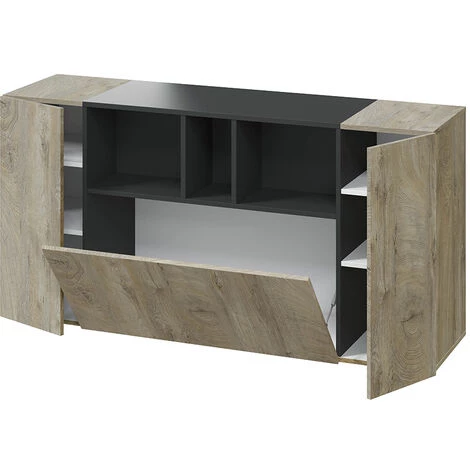 Buffet De Rangement Avec 3 Portes Coloris Chêne Nœuds Alaska / Gris Anthracite - Hauteur 76 X Largeur 150 X Profondeur 41 Cm -PEGANE- 4 Buffet De Rangement Avec 3 Portes Coloris Chêne Nœuds Alaska / Gris Anthracite - Hauteur 76 X Largeur 150 X Profondeur 41 Cm -PEGANE- – Image 4