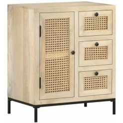 HAPPYSHOPPING Buffet 60x35x70 Cm Bois De Manguier Massif Et Canne Naturelle